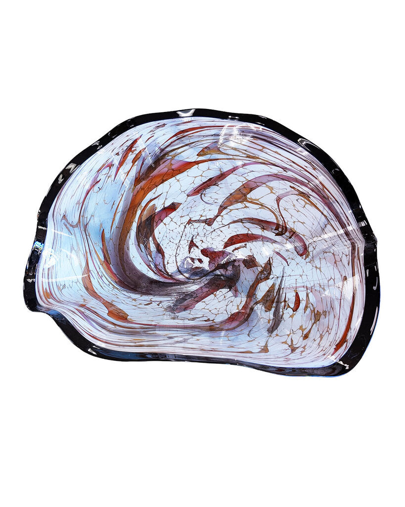 LaChausse Hand Blown Art Glass Fluted Centerpiece Bowl, Marbled Blk,Grey,Brn Swirls, Blk Rim & Base