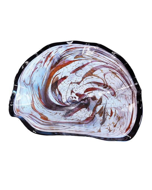 LaChausse Hand Blown Art Glass Fluted Centerpiece Bowl, Marbled Blk,Grey,Brn Swirls, Blk Rim & Base