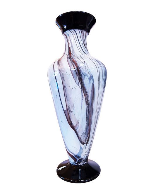 LaChausse Hand Blown Art Glass Vase, Marbled Blk,Grey,Brn Swirls, Blk Rim & Base 7Dia 18.75H