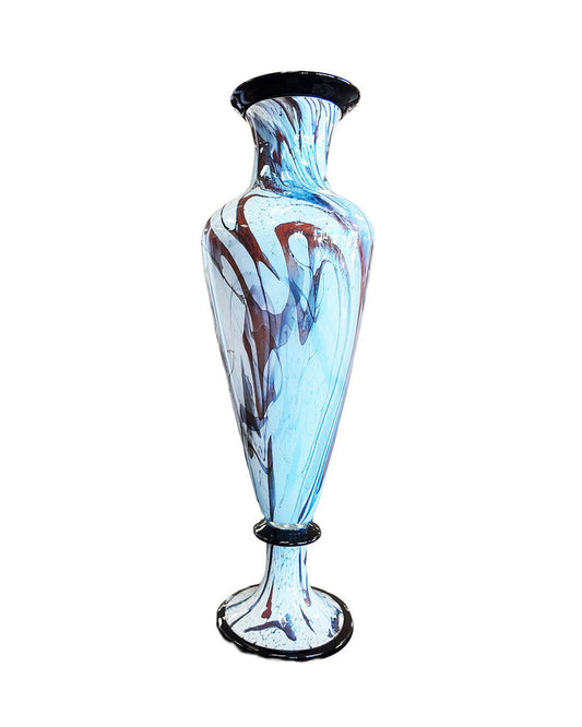 LaChausse Hand Blown Art Glass Vase, Marbled Blk,Grey,Brn Swirls, Blk Rim & Base 7.5Dia 22.5H