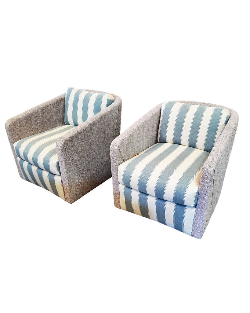 Palecek Carmine Swivel Chairs, Cabana Blue Stripe Upholstery 31.25W 36.5D 31.25H - PAIR