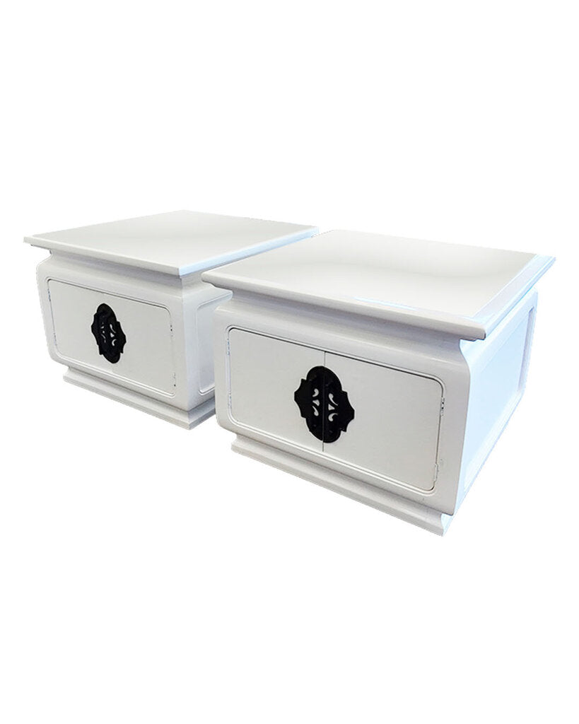 White Lacquered Nightstands w/Oriental Inspired Brass Hardware (PAIR) 26.25"Sq x 19.75"H