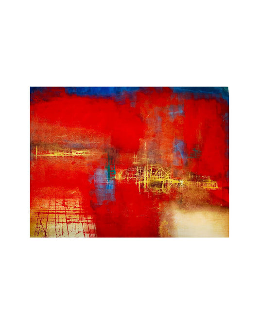 Original Oil on Canvas Abstract, Red & Gold w/Blue, Signed Douglas