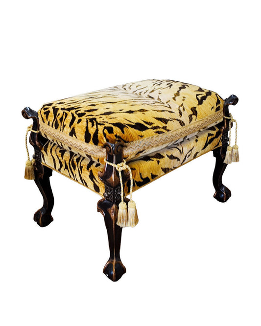 William Switzer Carved Ottoman, Clarence House Silk Velvet Uphols. 32 x 22 x 23.5