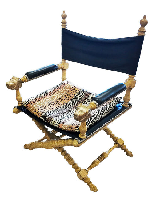 Vtg "Director's Chrs" Driftwood Oak w/Lion Head Carved Armrest, Blk Leather Campaign 31W 23.5D 39.5H