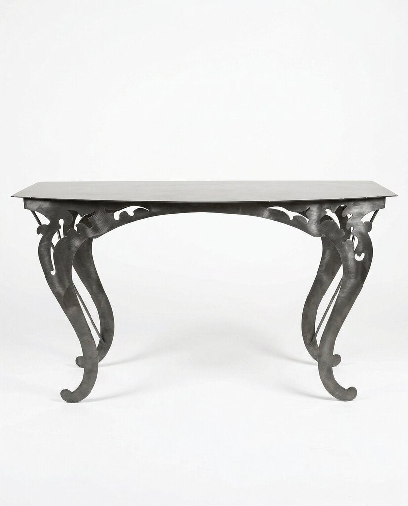 Brushed Steel Convex Console Table, Signed C.D. 48W 18D 30H - AS IS
