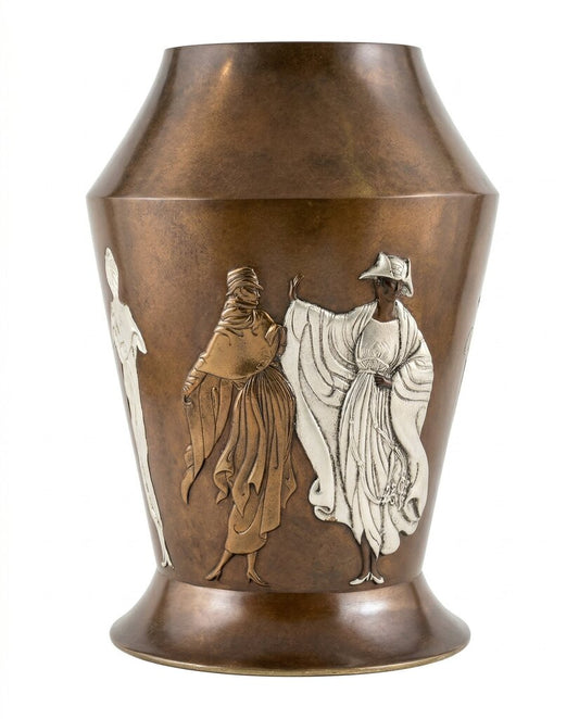 Erte' Romain De Tirtoff "Celebration" Ltd. Ed. Hammered Bronze Vase With Patina and Enamel 11D X 15.25H