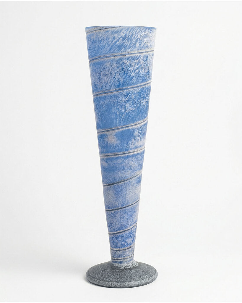Modernish Studio Art Glass Vase, Iridescent Blue, Wrapped 4.25"Dia x 16