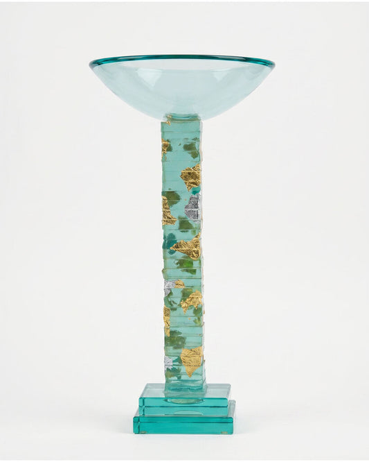 Signed Salvatore Polizzi, Murano Green Glass, Gold Candle Holder 7.25Dia 14H