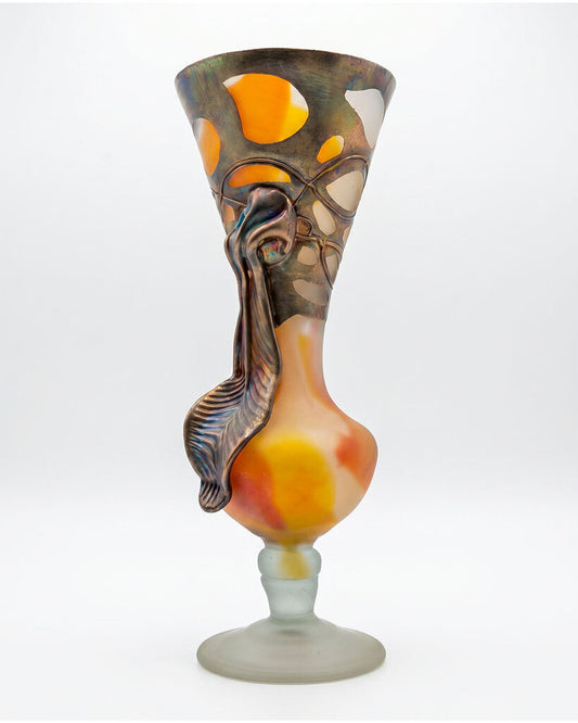 Signed Filip Orange Art Glass Vase w/Bronze Overlay 5.75 x 14.5H