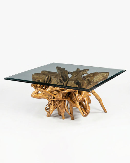 Organic Teak Root Coffee Table, Beveled Glass 52W 54D 20.5H