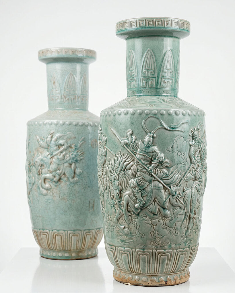 Vtg. Celadon Porcelain Vases, Figures in High Relief, wht. Crackle Glazed 10.5 Dia x 26.5H - PAIR