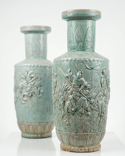 Vtg. Celadon Porcelain Vases, Figures in High Relief, wht. Crackle Glazed 10.5 Dia x 26.5H - PAIR