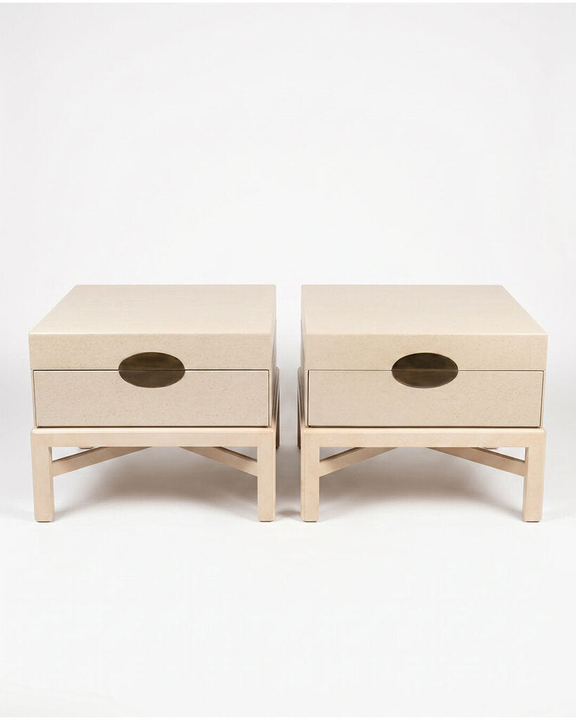 Marge Carson Craquelure Linen, Lacquered End Tables, Circular Brass Handle 28W X 28D X 22.5H - PAIR