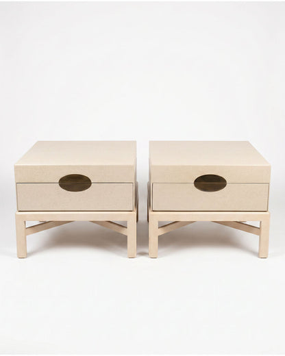 Marge Carson Craquelure Linen, Lacquered End Tables, Circular Brass Handle 28W X 28D X 22.5H - PAIR