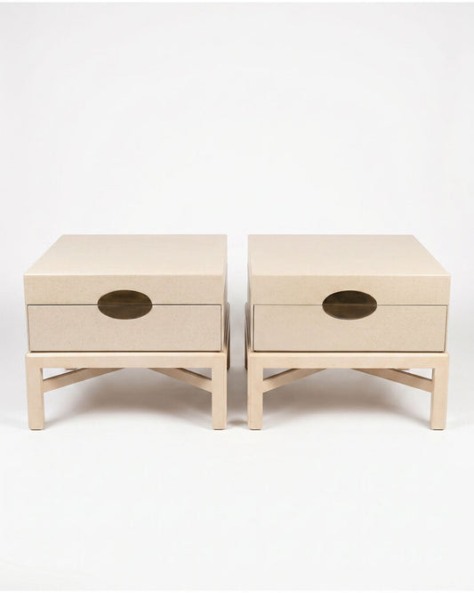 Marge Carson Craquelure Linen, Lacquered End Tables, Circular Brass Handle 28W X 28D X 22.5H - PAIR