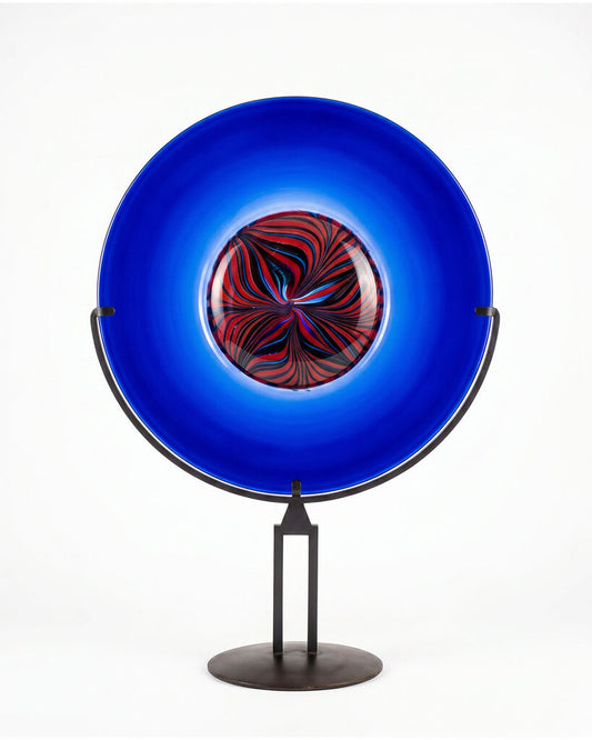 Signed Raffaeli Cammozzo, Ogetti Art Glass Blue/Red Disc, w/Stand 23.5Dia 4.75H