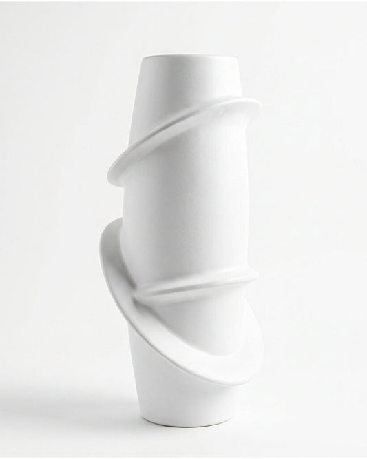 Matte White Ceramic Vase w/Rings 20H