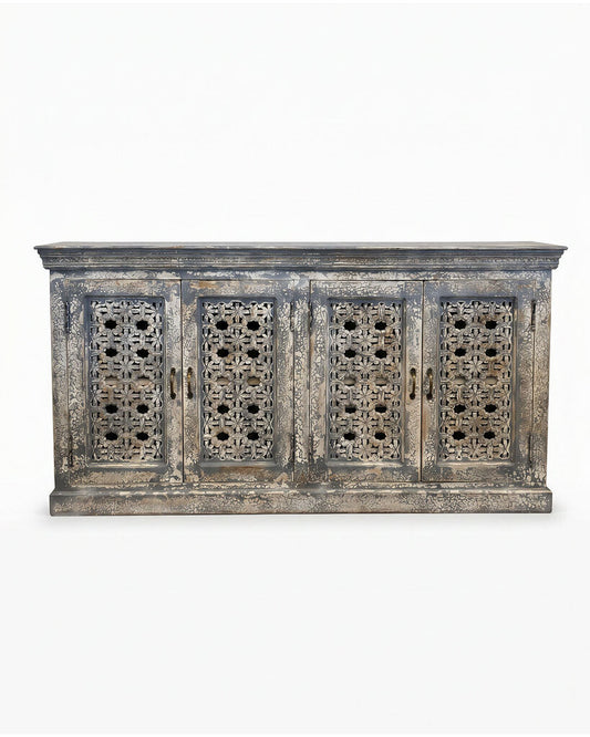 Distressed Wood Lattice Hand-Carved Sideboard 68.5 x 16 x 35.5