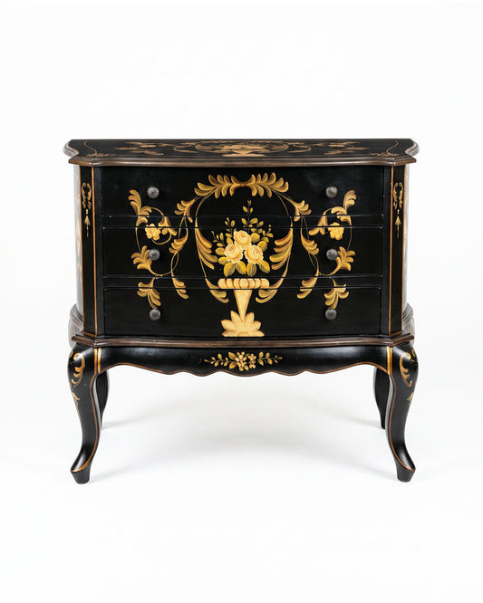 French Provincial Style, Blk & Gld Hnad-Painted Chest, Cabriole Legs 38 x 18 x 32.25H