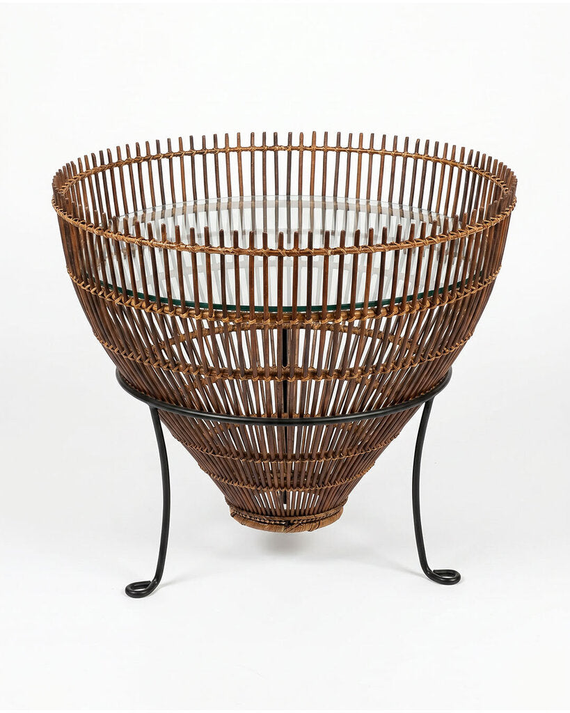Vintage Franco Albini Style Fish Trap Side Table, Woven Rattan, Iron Base 23.5Dia 20.5H
