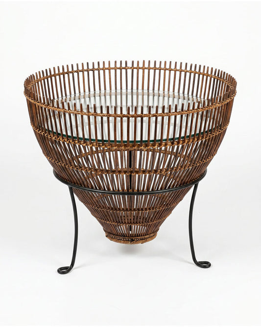 Vintage Franco Albini Style Fish Trap Side Table, Woven Rattan, Iron Base 23.5Dia 20.5H