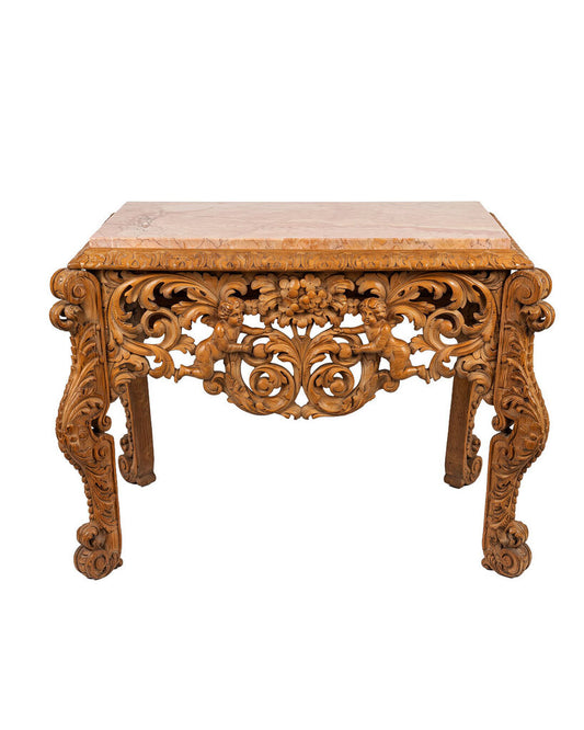 Italian Baroque Hand Carved Side Table, Floral Motifs, Polished Stone 44W 27D 33.5H