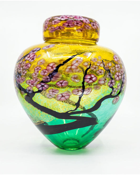 Robert Held Hand Blown Ltd. Ed.18/250 Ginger Jar w/Cherry Blossoms 8Dia 9H
