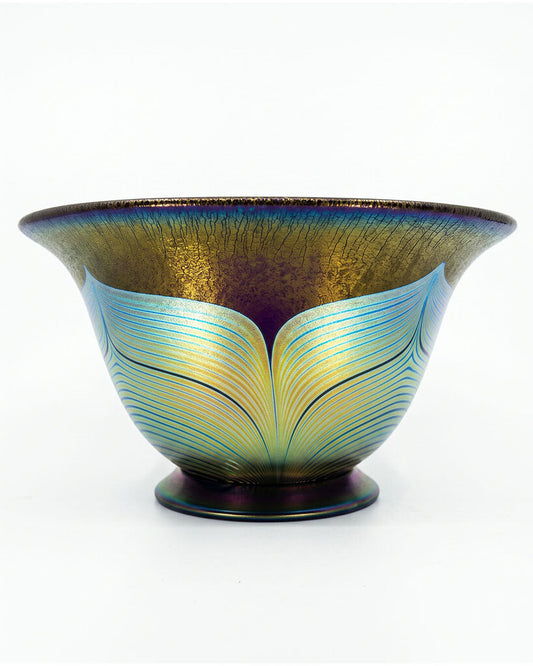 Iridescent Pulled Feather Art Glass Bowl 11.5 Dia x 6H