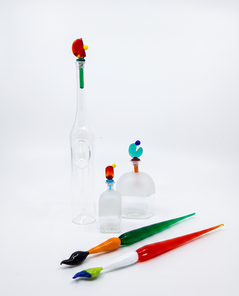 Collection Art Glass: 3 Glass Bottles, Pair of Paint Brushes