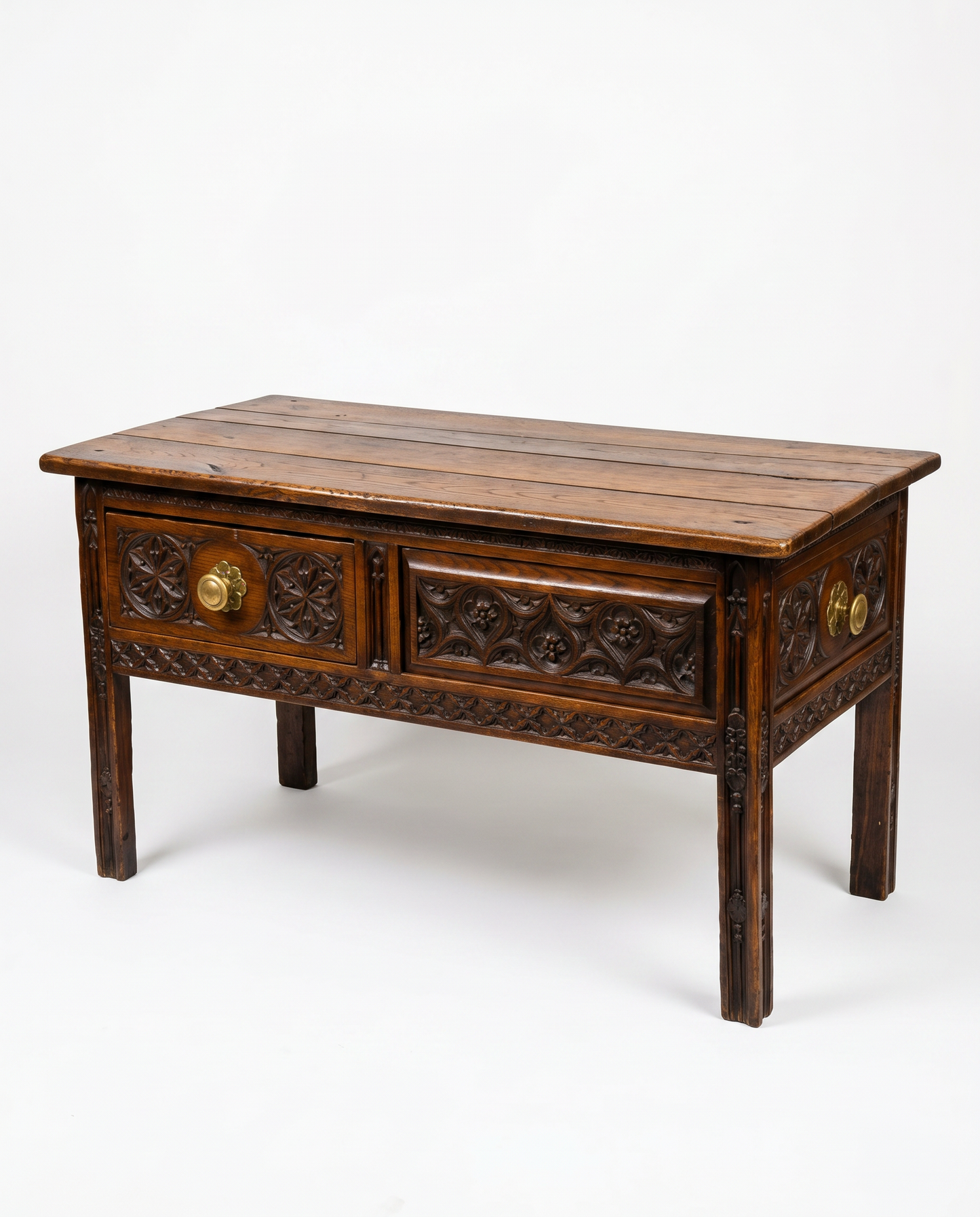 18th Cent.Spanish Hand-Carved Oak, Writing Desk/Console,Dovetail Joinery 2-Drawers Opposite Sides,Brass Dwer Pulls 51.25 x 25.25 x 27.5H