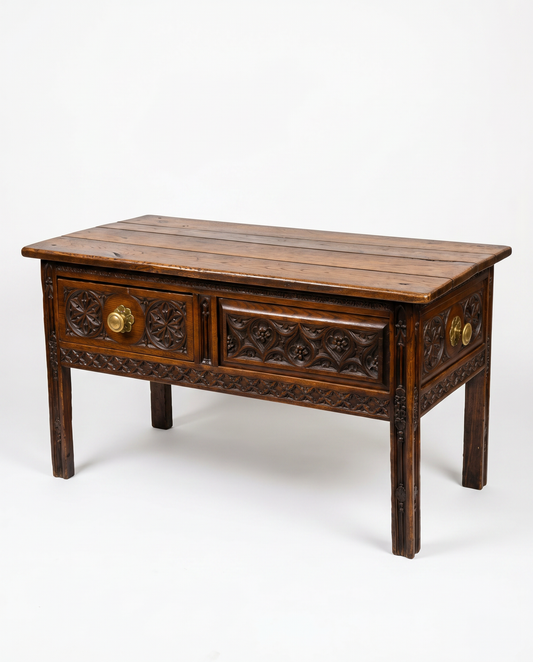 18th Cent.Spanish Hand-Carved Oak, Writing Desk/Console,Dovetail Joinery 2-Drawers Opposite Sides,Brass Dwer Pulls 51.25 x 25.25 x 27.5H