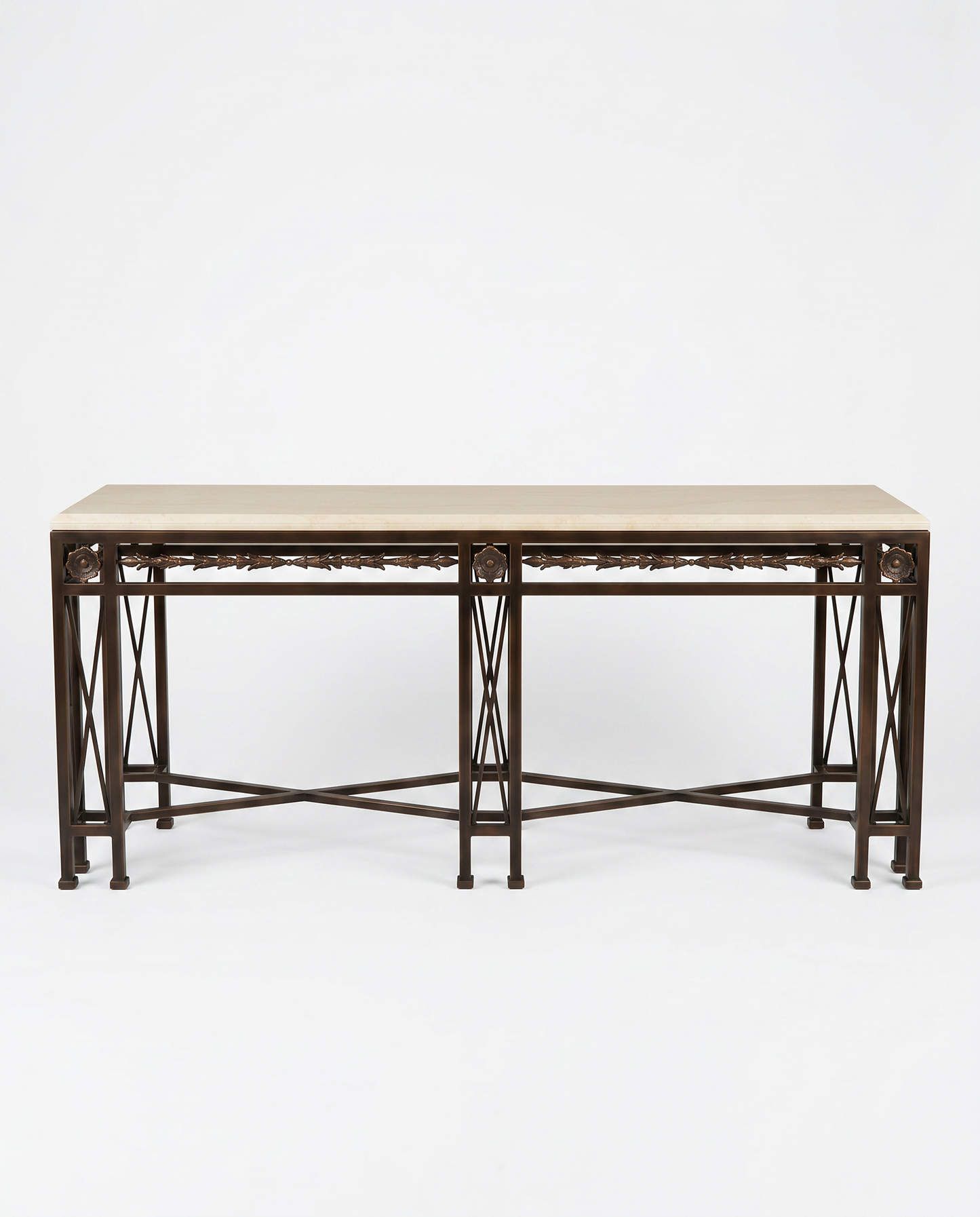 1980's Large Vintage Ornate Bronze & Metal Console, Antique Handmade Details, w/Marble 96W 26D 37.75H