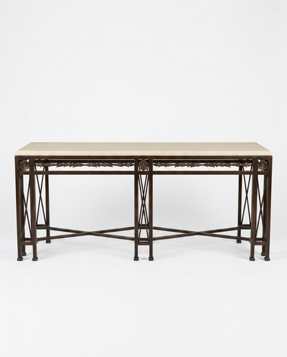 1980's Large Vintage Ornate Bronze & Metal Console, Antique Handmade Details, w/Marble 96W 26D 37.75H