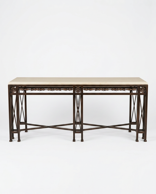 1980's Large Vintage Ornate Bronze & Metal Console, Antique Handmade Details, w/Marble 96W 26D 37.75H