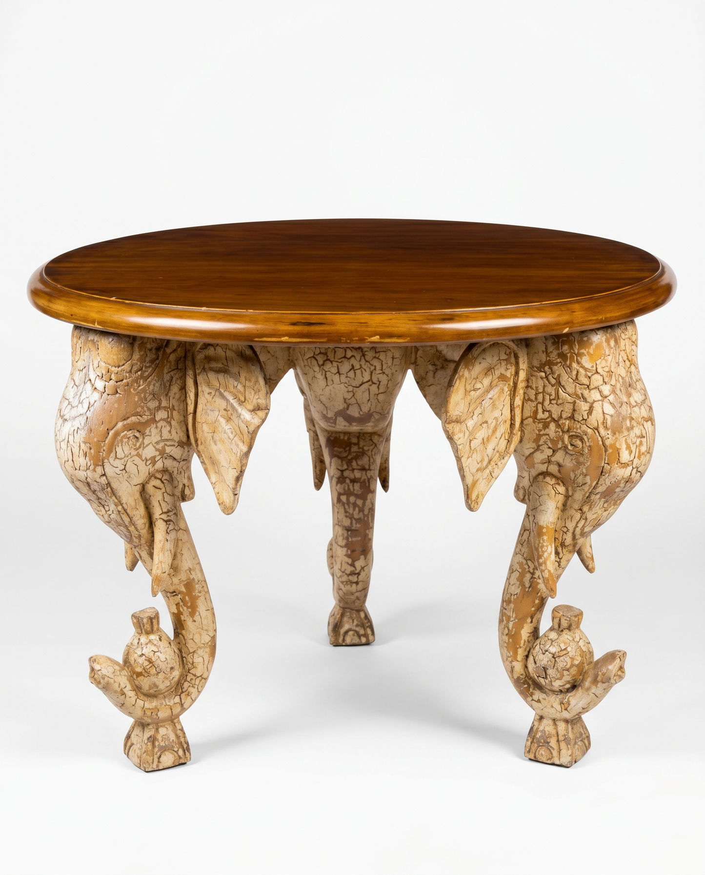 Accent Table Wood Top, Carved Elephant Heads Base 23.5Dia 18.5H