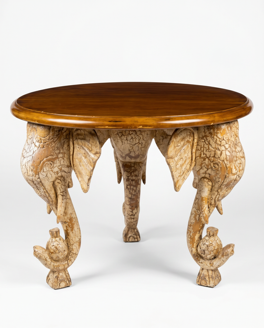 Accent Table Wood Top, Carved Elephant Heads Base 23.5Dia 18.5H