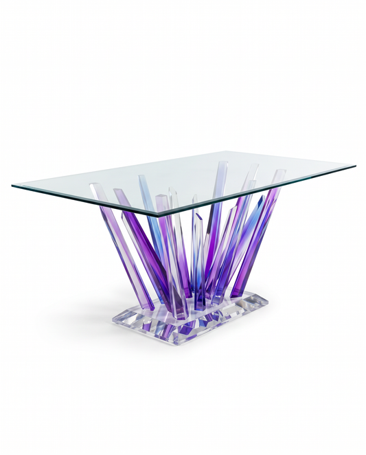 Amethyst Acrylic Rods w/Beveled Glass Top Dining Table 72W x 42D x 29.5H - AS IS