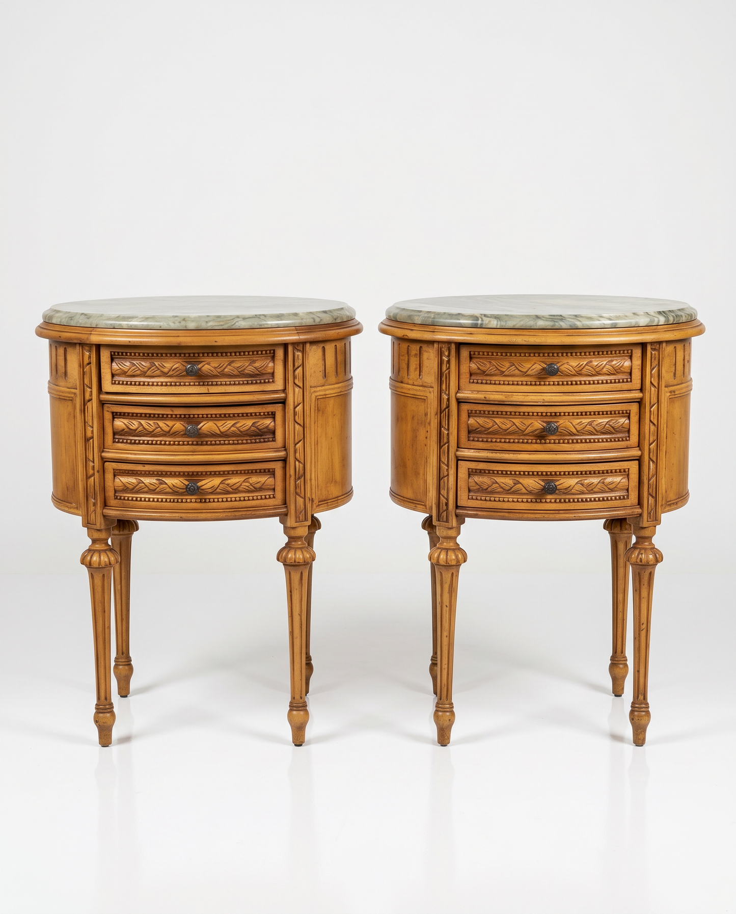 Antique Oval Shaped Carved Wood & Marble End Tables 20W15D 26H - PAIR