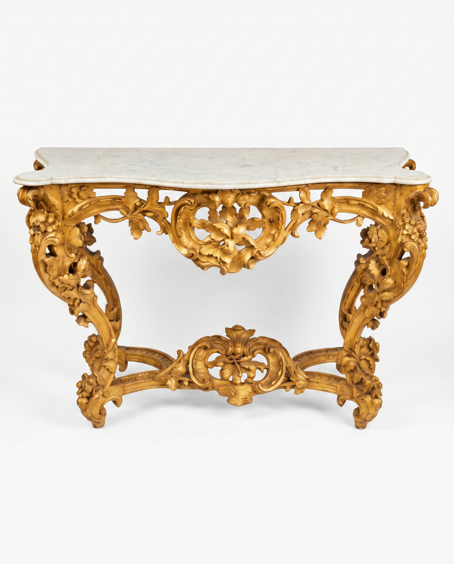Antique Rococo- Style Console, Intricate Hand-Carved Details, Scrolling Acanthus Leaves 54W 22.25D 37.5H