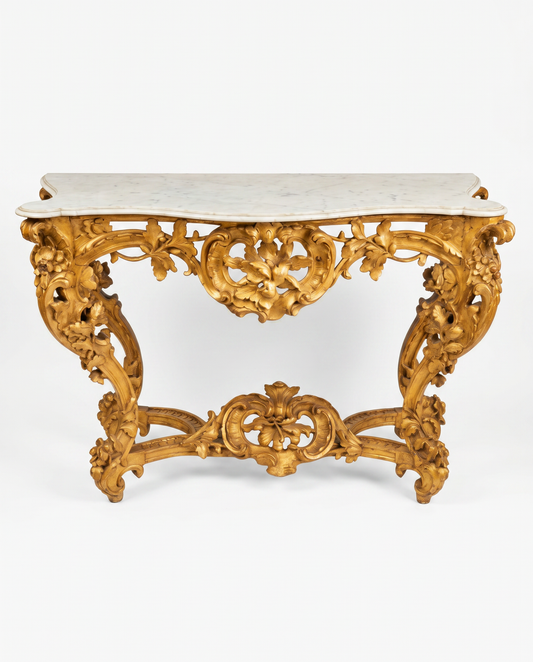 Antique Rococo- Style Console, Intricate Hand-Carved Details, Scrolling Acanthus Leaves 54W 22.25D 37.5H
