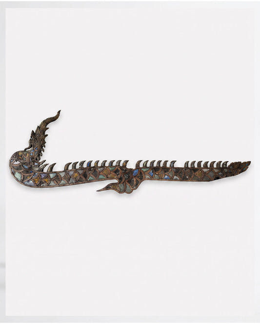 Antique Thai Naga Serpent Carved Wood Sculpture, Adorned w/Colorful Glass Mosaic Tiles, Wall Mount 10'2" x 3'4"
