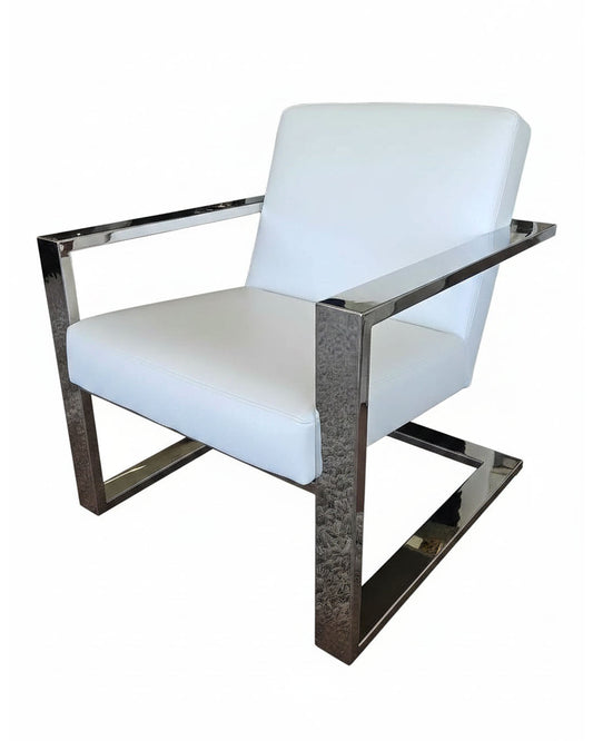 Arhaus Sabina White Leather Chair, Polished Stainless Steel 30W 31D 33H