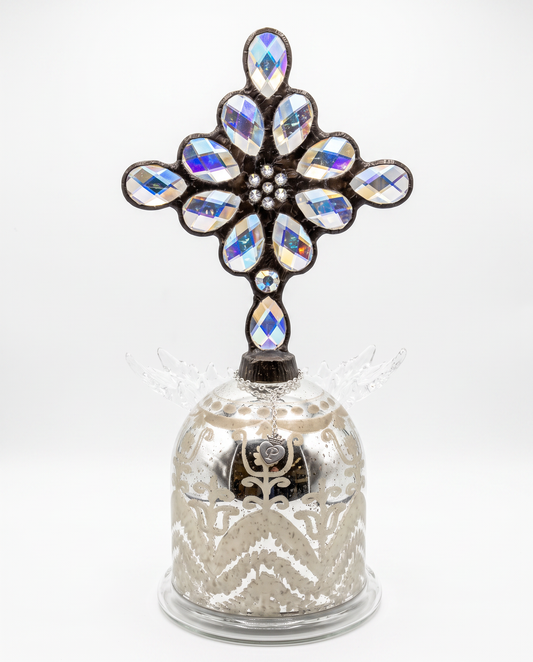 Artisan Handcrafted Custom Crystal Cross Topper on Vtg. Mercury Glass Blottle 34H