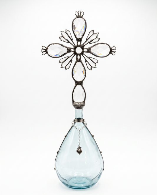 Artisan Handcrafted Custom Faceted Crystal Cross, Vtg. Handblown Glass Bottle 28H