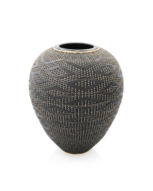 Athos Handmade Clay Vase Black Natural Rattan 31Dia 40H
