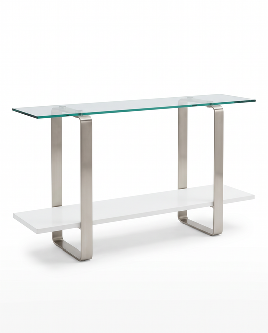 BDI Stream Console Tbl., Tempered Glass Top, Satin White Shelf, Curved Satin Nickel Bs. 55 x 14 x 29.75H
