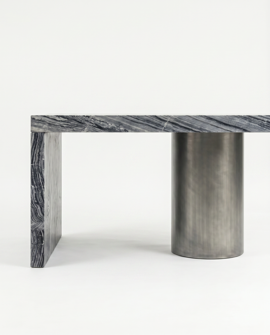 Bernhardt Linea Desk, Black Forest Marble Top, Textured Graphite Aluminum Pedestal 72W 28D 30H