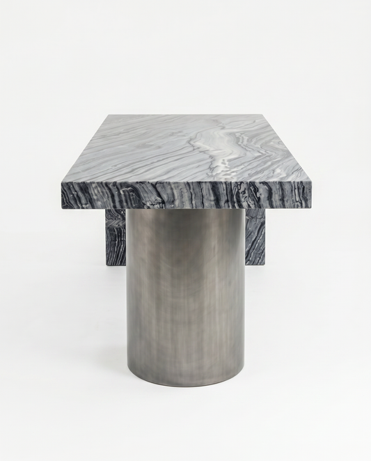 Bernhardt Linea Desk, Black Forest Marble Top, Textured Graphite Aluminum Pedestal 72W 28D 30H