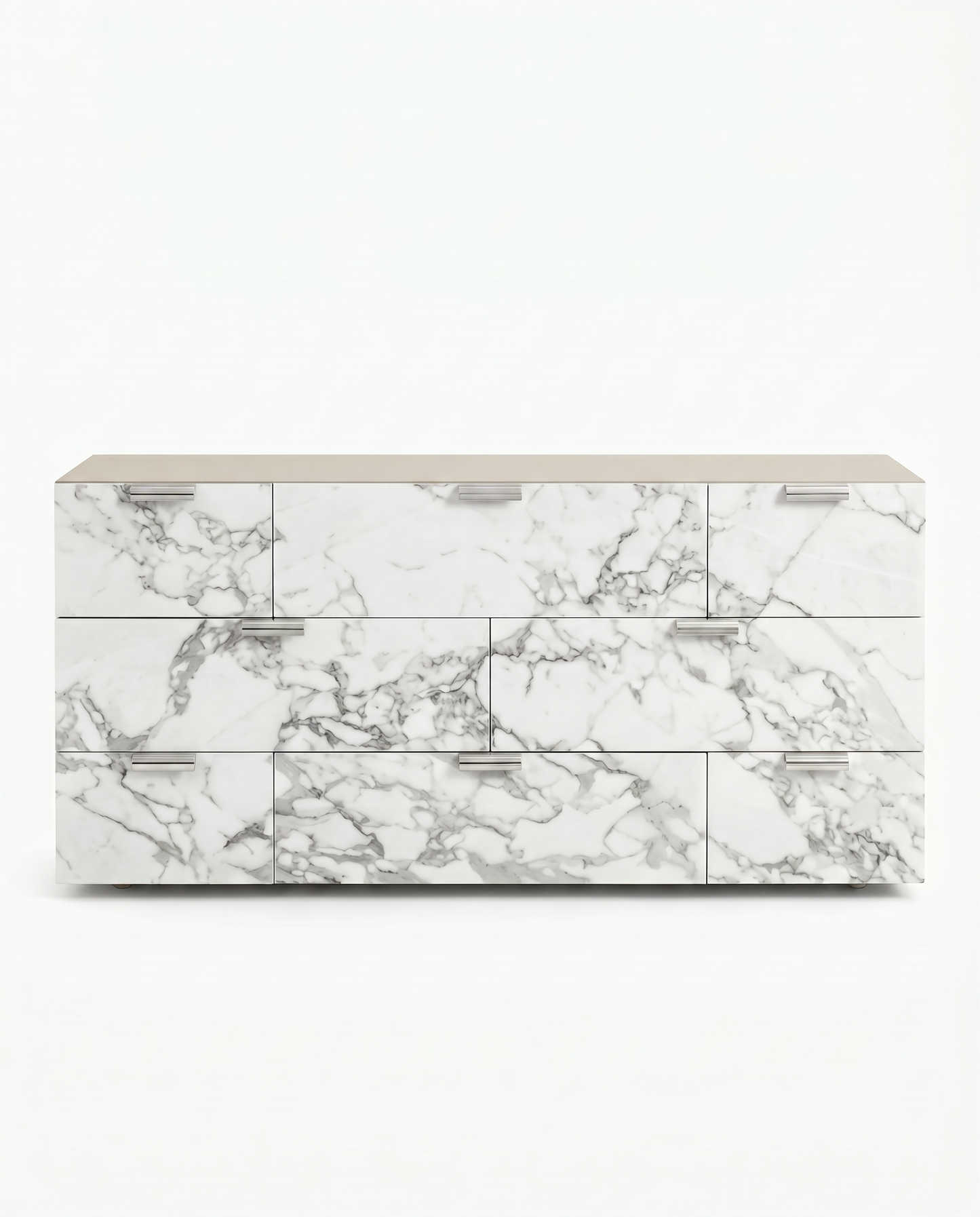 Bernhardt Stratum Dresser, Mist Finish w/Arabescato Stone, Polished Nickel Finish 68W 20D 34.25H